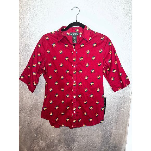 Lauren Ralph Lauren Red Floral Polka Dot Button Up Shirt Women’s Sz 8 Cotton - Picture 3 of 8